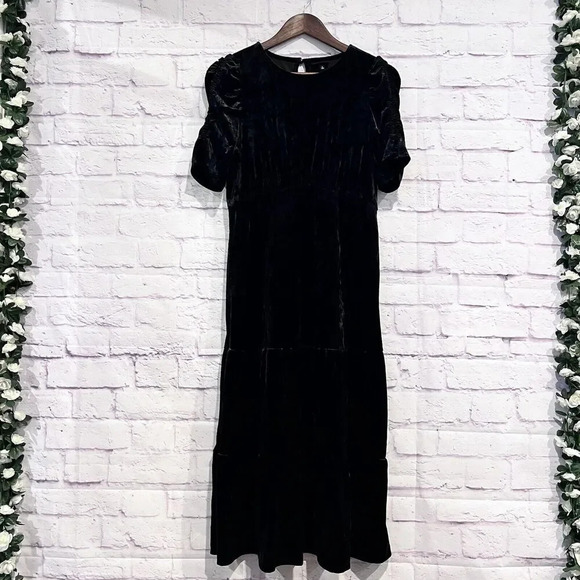 Who What Wear Black Velvet Dress Size Small Midi Short Sleeve Party Holiday - Picture 2 of 14